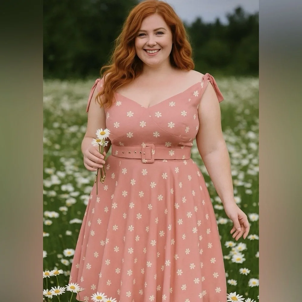 Unique Vintage 50s Prairie Daisy Swing Dress in Powder Pink, Size Large, NWT! - Picture 12 of 16